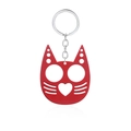 Macro shot of red cat-shaped metal keychain with smooth finish and pointed ears detail - Justice Cat Red (K00636-06)