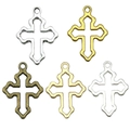 Vijf vintage kruishangers van legering in diverse kleuren voor het maken van sieraden - Hol Kruis 21x15mm