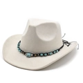 White faux suede western cowboy hat featuring turquoise beads and ethnic woven band - Faux Suede / M / Off White