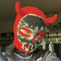 Handmade crochet devil skull balaclava in bright red with black and grey texture - Adult 56-59cm / Red Horn Hat With Camo Skull