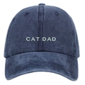 Detailed embroidery of CAT DAD text on washed cotton navy blue baseball cap texture - Washed Dark Blue CAT DAD Embroidery Baseball Cap