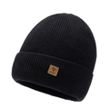 Berretto classico in maglia a coste nere con patch logo in pelle per l'inverno - Nero