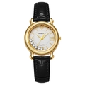 Minimalist gold quartz watch with small dial, mobile diamonds and black leather strap - Black