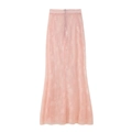 Achteraanzicht van elegante roze kanten maxi-rok met blinde rits op witte achtergrond - S / Roze Kant Rok