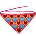 Handmade crochet triangle bandana with colorful heart patterns and pink strap ties - Colorful Heart Patchwork