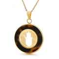 Golden Hamsa Hand round pendant necklace with dark tortoiseshell texture inlay - Gold Hollow Hamsa Hand (KP81021-KC) / Gold
