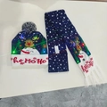 LED Christmas knit hat and scarf set in navy blue with Ho Ho Ho reindeer motif - Long Nose Reindeer-Set