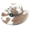 Western cow print faux fur cowboy hat with turquoise ethnic braided belt accessory - M (56-58cm) / Heart-shaped Top Khaki