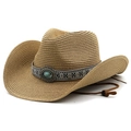 Western straw cowboy hat with turquoise ethnic band and adjustable chin strap - Khaki