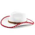 Detail of white cowboy hat with red braided edge trim and brown leather adjustable strap - M (56-58cm) / White With Red Edge