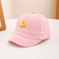 Close-up of pink cotton baby hat featuring cute yellow chick embroidery and text detail - 50cm (1-3 Years) / Pink