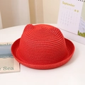 Detalle de sombrero de paja rojo para niños con orejas de gato y tejido fino - Niños (Con Cuerda) / Rojo