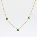Detailed view of gold chain necklace featuring three square green zircon stones - Gold + Green Zirconia (DDK207)