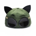 Army green baseball cap with black cat ears and pilot goggles decoration - Adult M (56-58cm) / Cat Ears Goggles Style / Army Green