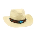 Chapeau de cowboy en paille crème avec bande en cuir et pierre turquoise soleil - Blanc Lait