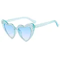 Light blue heart shaped glitter sunglasses with rhinestone edges and gradient lenses - Fluorescent Blue Glitter Frame Double Blue Lens