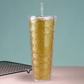 Golden glitter mermaid scale water tumbler with double-wall insulation and a clear straw - 24oz / Gold