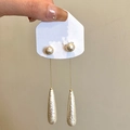 Elegant French vintage long drop pearl earrings with gold chain and textured teardrop pendant - Style 33 / Gold-White