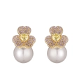 Elegant pearl flower stud earrings with gold plating and pink zirconia micro-pave - Gold Purple Zirconia