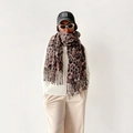Leopard print pashmina shawl for women with fringe details and casual baseball cap - Light Coffee