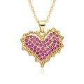 Close-up of heart-shaped gold necklace with pavé-set rose red gemstones and beaded edging - Rose Red Gemstone Beaded Edge Style (E162)