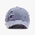 Frayed light blue denim baseball cap with distressed purple accents and a vintage look - Medium Blue Denim with Purple Stitching