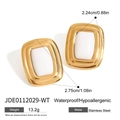 Golden stainless steel square earrings with white inlay and detailed size measurements - White Style (JDE0112029-WT)