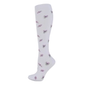 White knee-high compression sports socks featuring purple floral and butterfly patterns - Butterfly