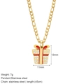 Gold stainless steel necklace featuring a red bow gift box pendant with white polka dots - Gift Box (G8)