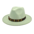 Detail of mint green wool fedora hat featuring a brown studded band and vintage wide brim - M (56-58cm) / Mint Green