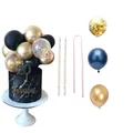 Gold confetti balloon cake topper set with blue and metallic gold balloons for DIY decor - 2 Gold Sequin + 4 Ink Blue + 4 Metallic Gold Balloons