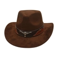 Brown suede cowboy hat with silver bull head emblem and leather band detail - One Size / Coffee (Bull Head Patchwork)
