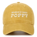 Detail der weißen Bestickung WORLD'S BEST POPPY auf senfgelber Vintage-Baseballkappe - Verstellbar / Gelb
