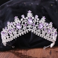 Close-up of luxury silver bridal tiara featuring lavender crystals and drop-shaped rhinestones - Silver & Light Purple (H1084)