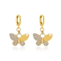 Golden butterfly hoop earrings with sparkling crystal pavé and polished metal wing - KC Gold Tone