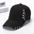 Punk style black baseball cap with silver metal rings and hanging chain decoration - [dual-chain Clause] Black