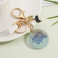 Detail view of Dog Mom keychain with Corgi charm and teal glitter acrylic pendant - Style 2-Corgi with White Tassel and Green Gradient Dog Mom