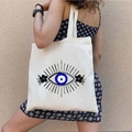 Cream canvas tote bag featuring a blue Graffiti Greek Evil Eye print and floral details - STD1804-G Floral Radiant Eye