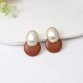 Vintage style brown leatherette and pearl stud earrings with gold rope metal border - E4519-Vintage Brown Circle Pearl
