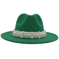 Close-up of green wool fedora hat featuring elegant white pearl band embellishments - Grass Green (Large Pearl)