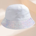 White cotton disco bucket hat featuring sparkling iridescent rhinestone crystal trim - AB Rhinestone White Bucket Style
