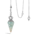 Blue hexagonal crystal pendulum with copper spiral coil and silver chain for divination - Aquamarine