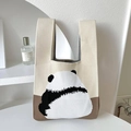 Detailed knit texture of a beige tote bag featuring a cute panda pattern design - Beige Panda Back View