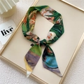 Polyester skinny silk scarf with Monet style oil painting print for bags and hair styling - 6*100cm / 7 Green Leaves Floral