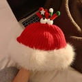Cozy red Christmas knit hat with reindeer antlers and white plush trim for winter - M (56-58cm) / 3443-Big Eyes Style / Red