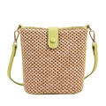 Sac seau en paille tressée avec garniture en cuir PU vert clair et bandoulière réglable - Vert