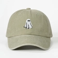Olive green washed cotton baseball cap with embroidered ghost design for Halloween style - Light Khaki