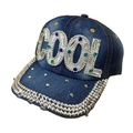 Blue denim baseball cap featuring 'COOL' rhinestone letters and sparkling gemstone brim - 64-COOL Dark Blue-Dark Blue