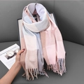 Soft faux cashmere scarf in pink, blue and beige checks with elegant tassels - 180*70cm / Blue Pink