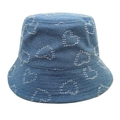 Blue denim bucket hat featuring white frayed heart patterns and a casual round top design - M (56-58cm) / Medium Blue